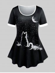 Plus Size Moon Cat Print Ringer Tee -  