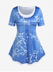 T-shirt à Imprimé 3D Denim Floral Grande Taille - Bleu 3X | US 22-24