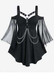 T-shirt Gothique Epaule Dénudée à Manches Papillon avec Chaîne - Noir L | US 12