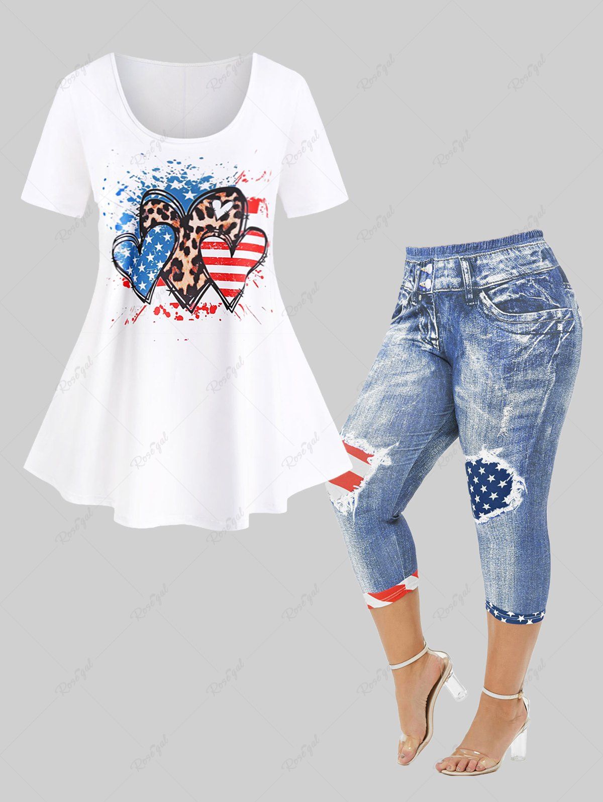 Latest Patriotic American Flag Heart Print Tee and American Flag 3D Printed Skinny Capri Jeggings Plus Size Summer Outfit  