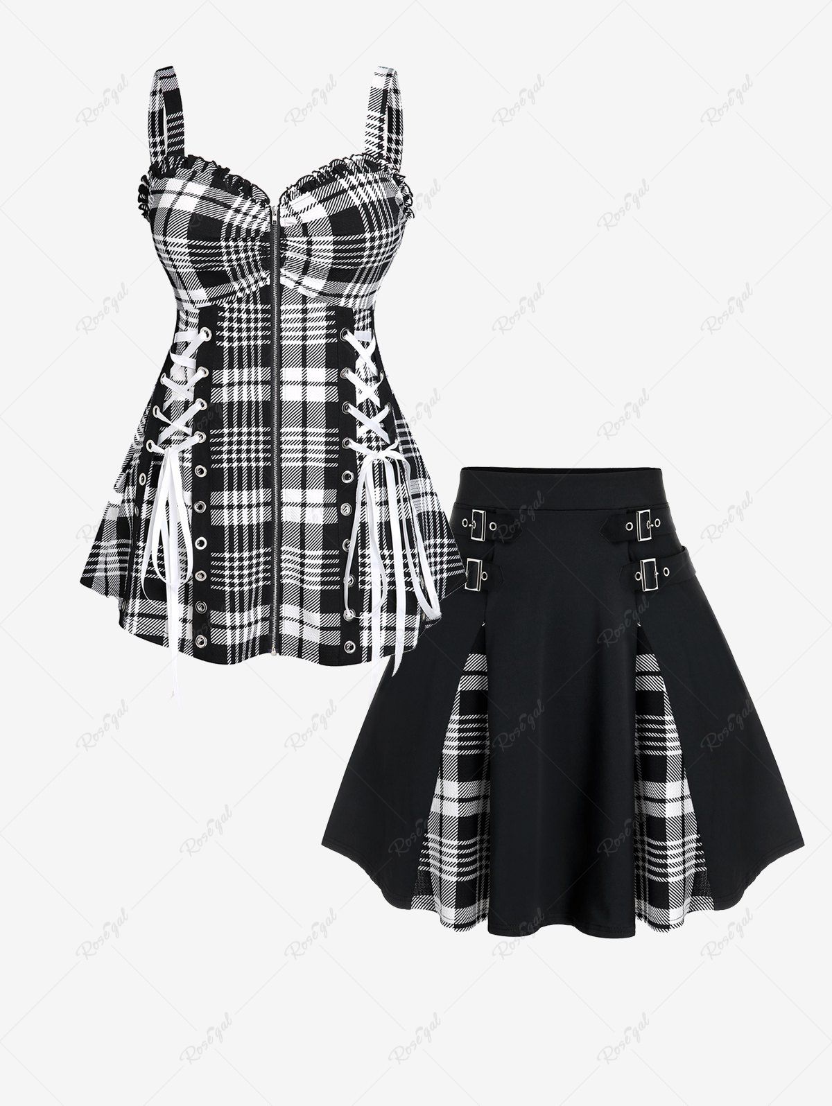 Latest Lace Up Plaid Full Zipper Tank Top and Plaid Buckles High Waisted Mini Skirt Plus Size Outfit  
