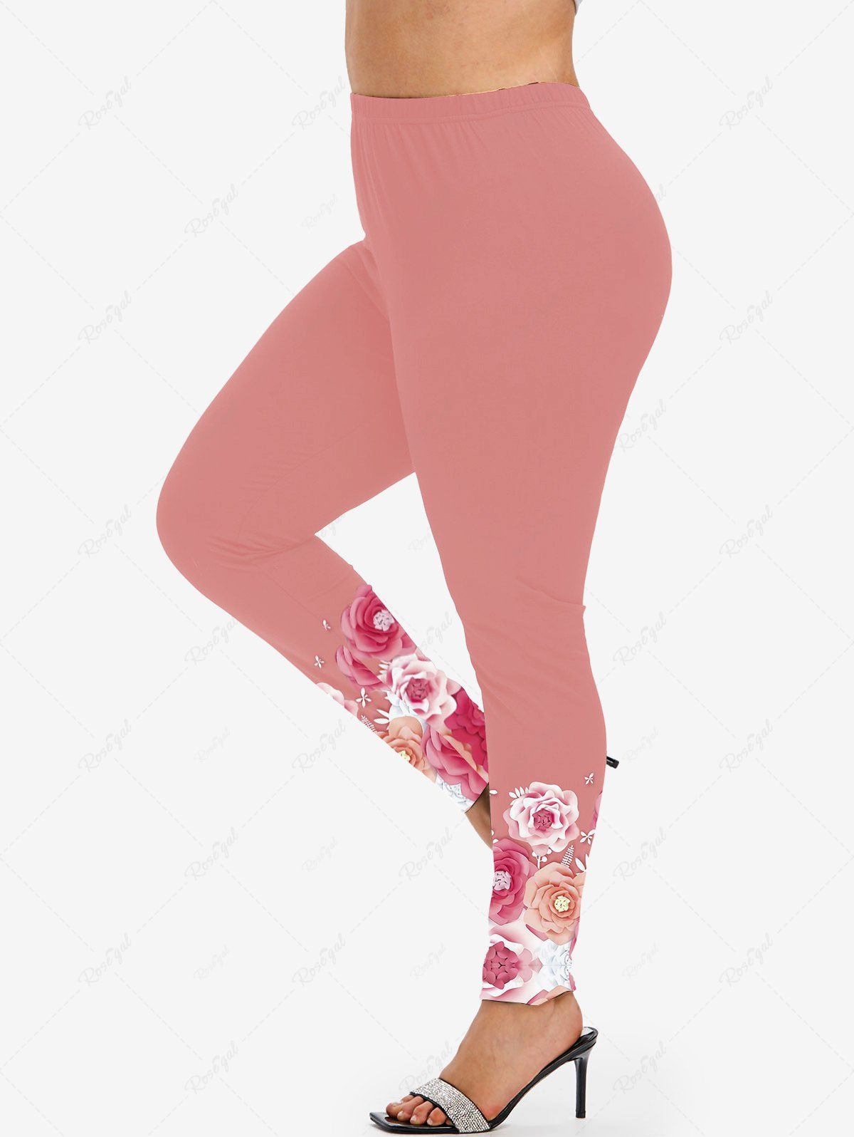 Pantalon Moulant à Imprimé Fleuri à Taille Haute de Grande Taille Rose clair 5x | US 30-32