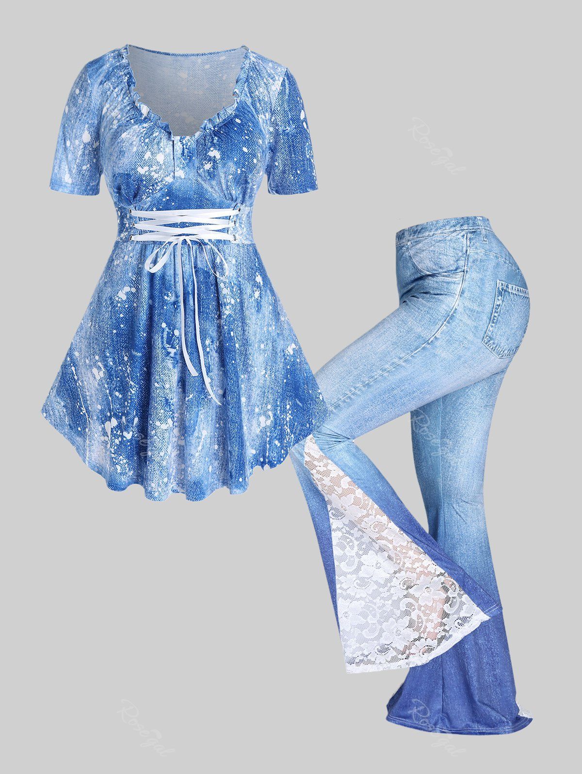 Hot 3D Denim Print Lace Up Tee and Lace Panel Bell Bottom Pants Plus Size Outfit  