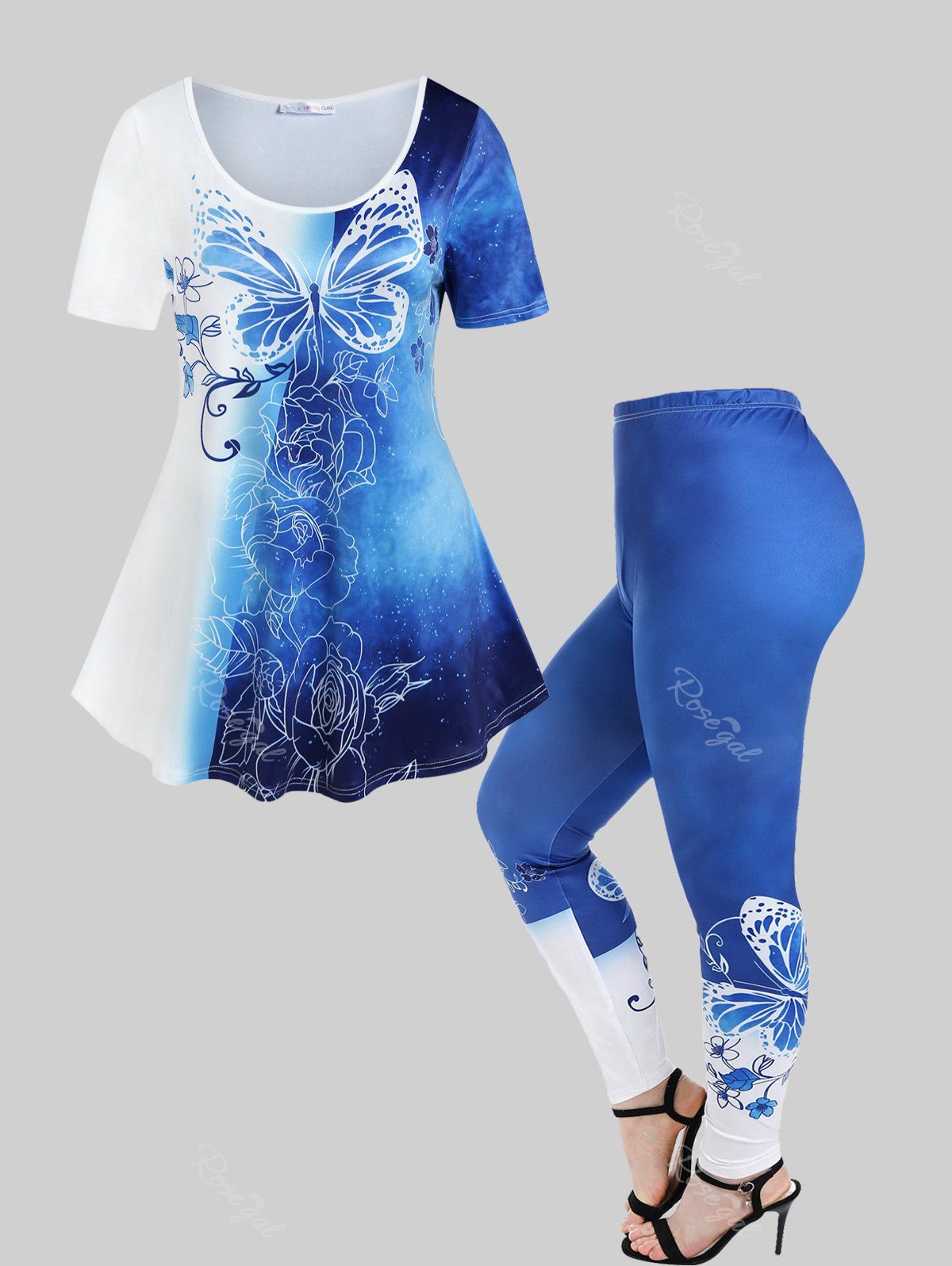 New Butterfly Flower Print Tee and Leggings Plus Size Matching Set  