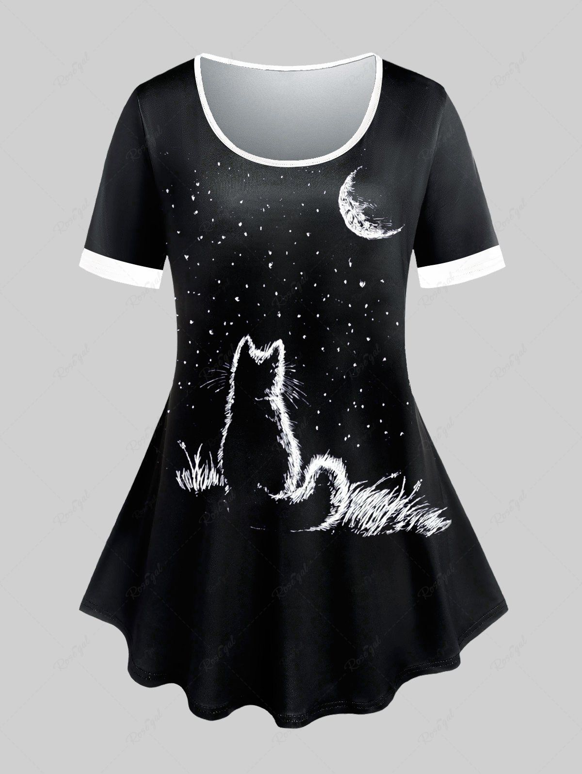 Best Plus Size Moon Cat Print Ringer Tee  