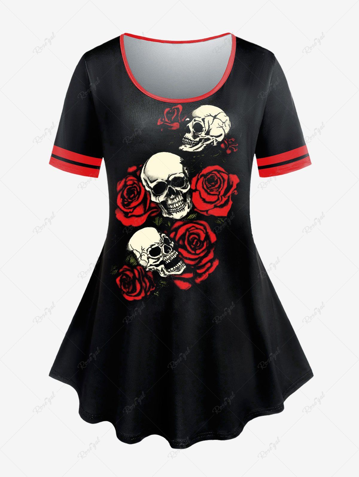 T-shirt à Imprimé Crâne et Rose Gothique Grande Taille Rouge 1X | US 14-16