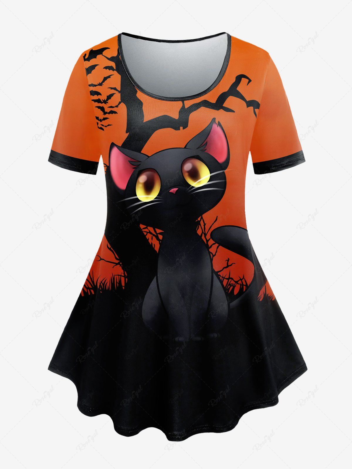 T-shirt D'Halloween à Imprimé Chat et Arbre de Grande Taille Orange 