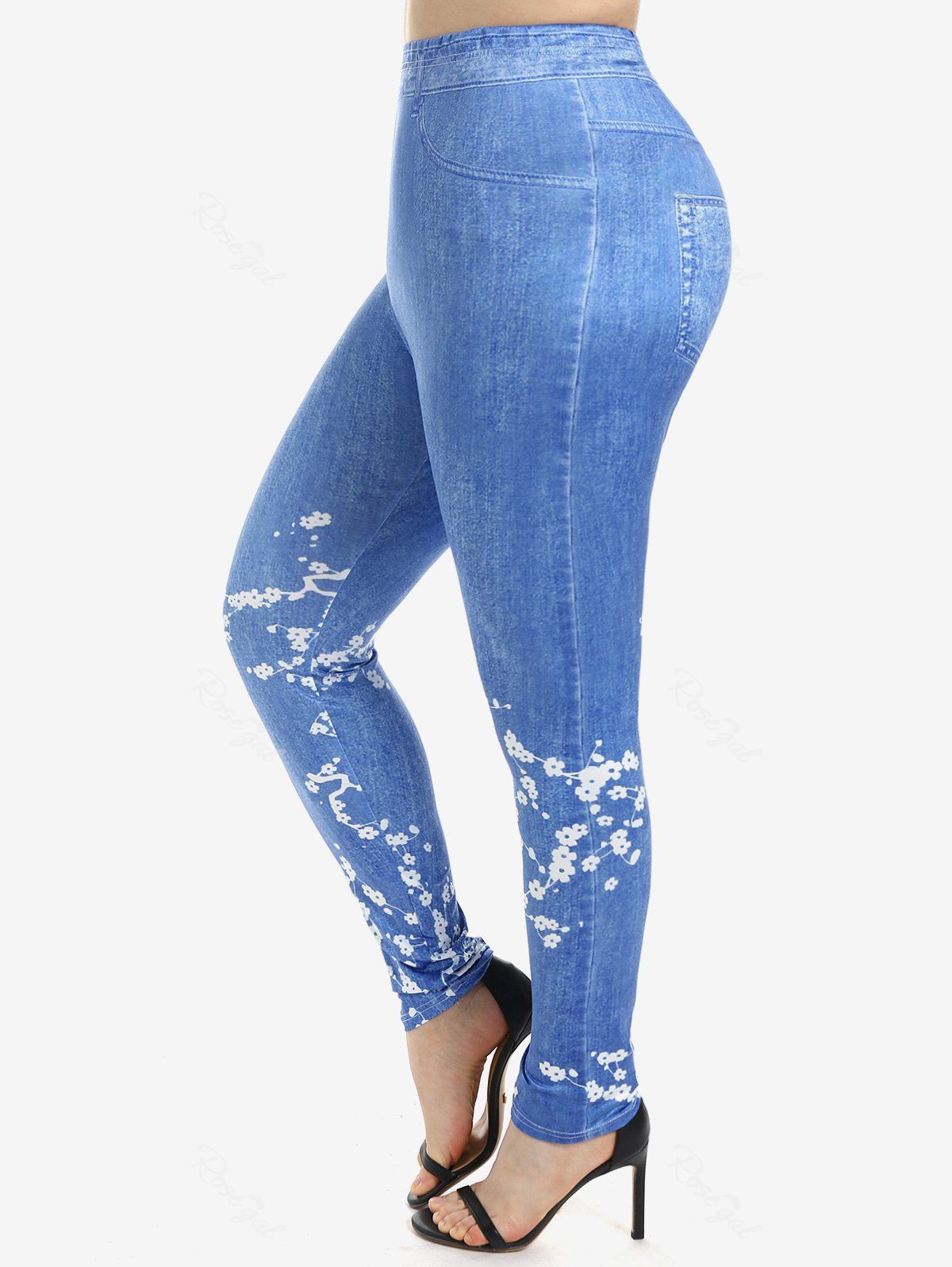 Legging Moulant à Imprimé 3D Jean Fleuri à Taille Haute de Grande Taille Bleu 2x | US 18-20