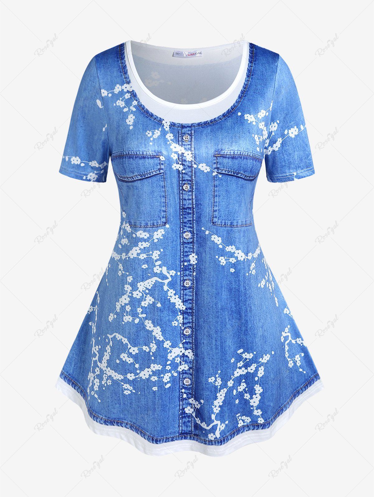 T-shirt à Imprimé 3D Denim Floral Grande Taille Bleu 1X | US 14-16