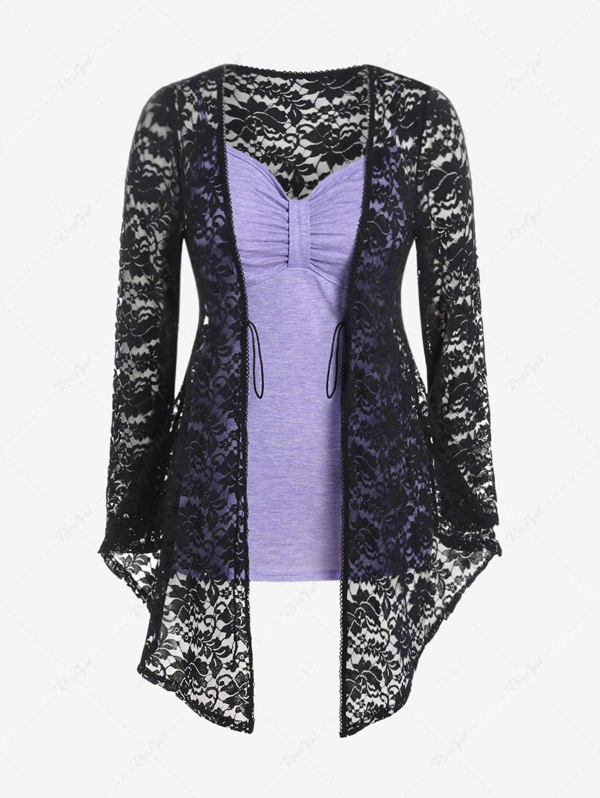 New Plus Size Asymmetric Open Front Lace Cardigan and Ruched Camisole Set  