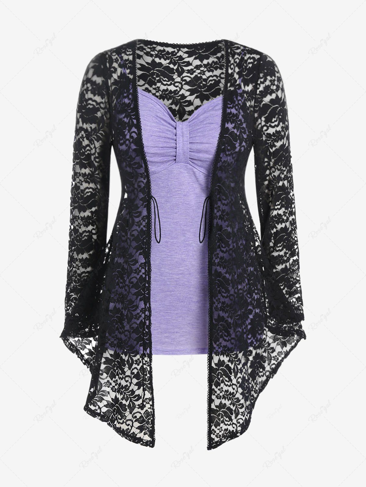 Buy Plus Size Asymmetric Open Front Lace Cardigan and Ruched Camisole Set  