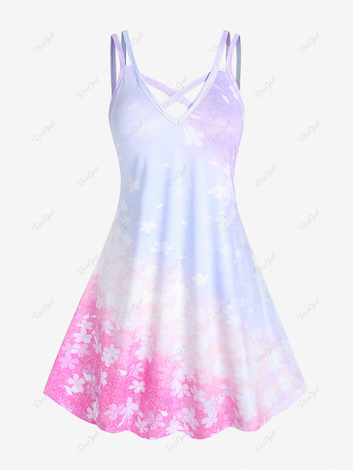 Unique Plus Size Floral Print Ombre Color Crisscross Dress  