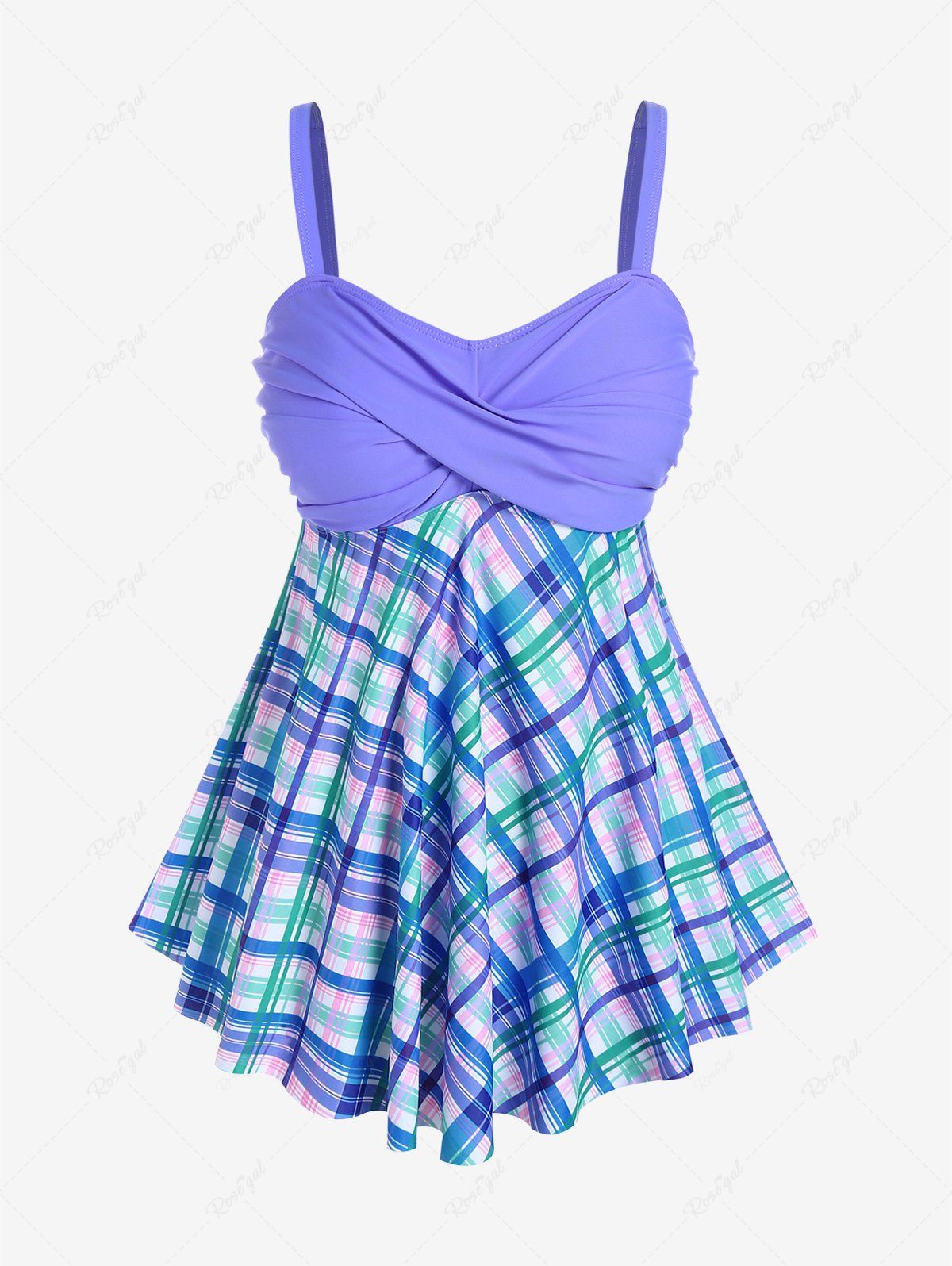 Store Plus Size Plaid Twist Padded Backless Tankini Top Swimsuit  