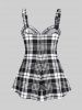 Lace Up Plaid Full Zipper Tank Top and Plaid Buckles High Waisted Mini Skirt Plus Size Outfit -  