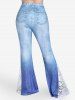 3D Denim Print Lace Up Tee and Lace Panel Bell Bottom Pants Plus Size Outfit -  