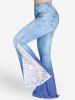 3D Denim Print Lace Up Tee and Lace Panel Bell Bottom Pants Plus Size Outfit -  
