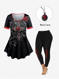 Rose Cross Printed Ringer Tee and Plaid High Waisted Leggings Plus Size Outfit - BLACK
