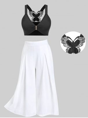 Lace Butterfly Bra Crop Top and Wide Leg Culotte Pants Plus Size Outfit