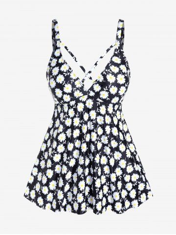 Plus Size Daisy Printed Crisscross Backless Padded Swim Top - BLACK - 1X | US 14-16