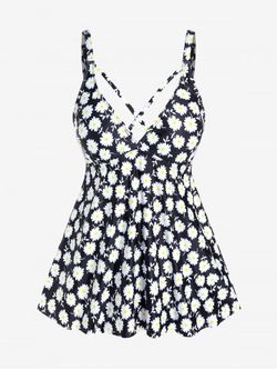 Plus Size Daisy Printed Crisscross Backless Padded Swim Top - BLACK - 4X | US 26-28