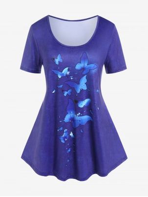 Plus Size 3D Butterfly Jeans Printed Short Sleeves Tee