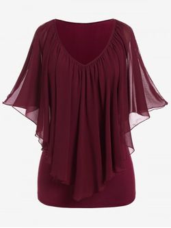 Plus Size Chiffon Overlay Cold Shoulder Tee - DEEP RED - 3X | US 22-24