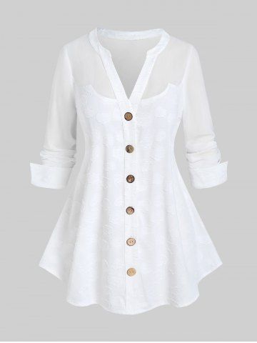Plus Size Solid V Notched Long Sleeves Shirt - WHITE - M | US 10
