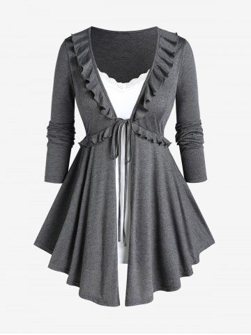 Plus Size Long Sleeves Tie Fly Ruffles Tee and Lace Panel Tank Top Set - GRAY - 4X | US 26-28