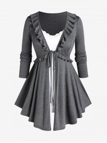 Plus Size Long Sleeves Tie Fly Ruffles Tee and Lace Panel Tank Top Set - GRAY - L | US 12