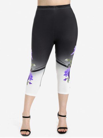 Plus Size High Waist Colorblock Rose Print Capri Leggings