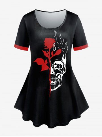 Camiseta de Manga Corta Gótica de Talla Extra con Estampado de Flores de Calaveras - BLACK - 2X | US 18-20