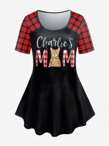 Plus Size Graphic Plaid Letter Cat Print Tee - RED - M | US 10