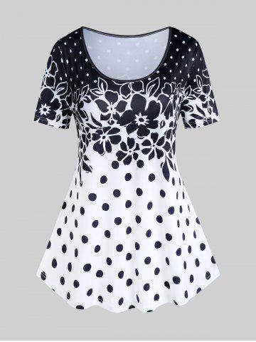 Plus Size Polka Dot Floral Print Tee - BLACK - 3X | US 22-24