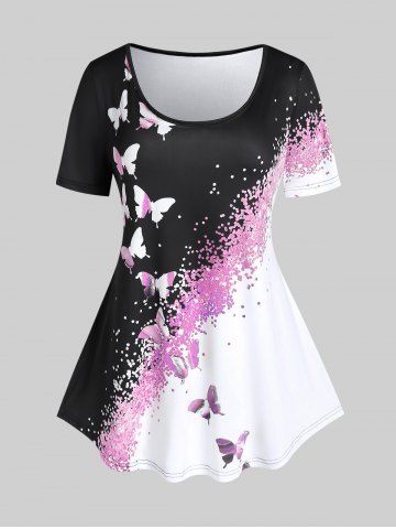 Plus Size Butterfly Print Colorblock Tee - LIGHT PINK - 4X | US 26-28