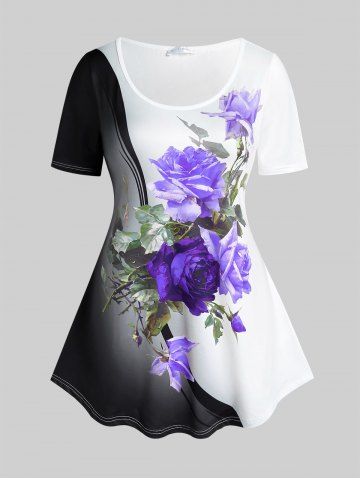 Plus Size Colorblock Rose Print T-shirt - PURPLE - 3X | US 22-24