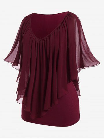 Plus Size Chiffon Overlay Cold Shoulder Tee
