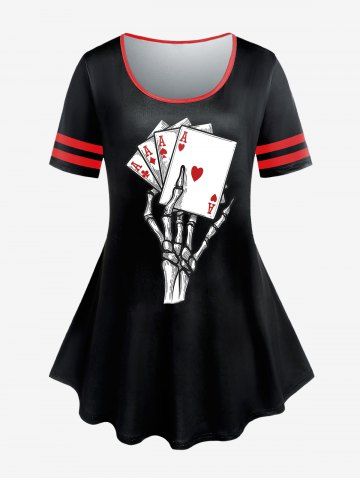 Plus Size Skeleton Playing Card Printed Gothic Short Sleeves Tee