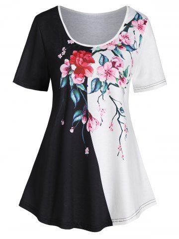 Flower Print Colorblock Short Sleeve Tee - BLACK - XL