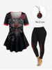 Rose Cross Printed Ringer Tee and Plaid High Waisted Leggings Plus Size Outfit -  
