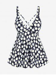 Plus Size Daisy Printed Crisscross Backless Padded Swim Top -  