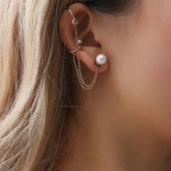 Single Faux Pearl Tassel Chain Ear Cuff Earring -  