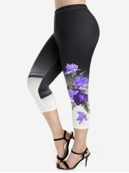 Plus Size High Waist Colorblock Rose Print Capri Leggings -  