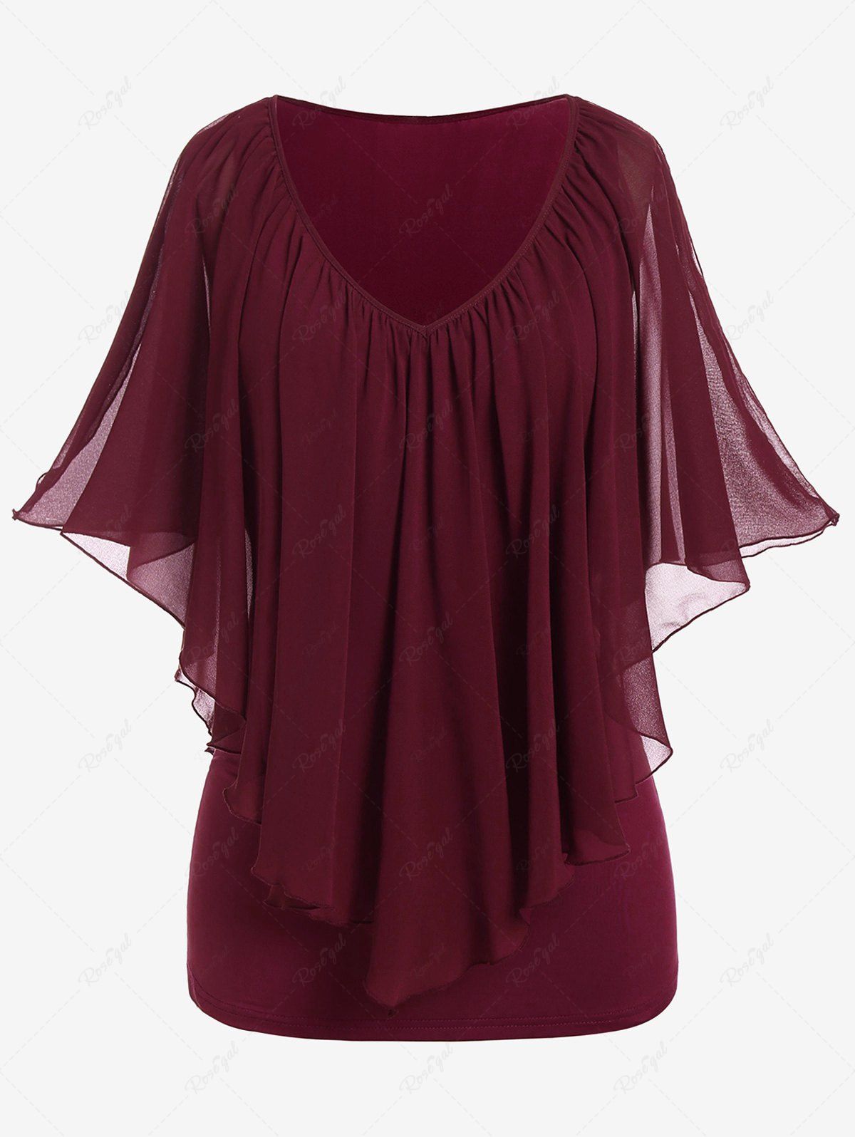 Latest Plus Size Chiffon Overlay Cold Shoulder Tee  