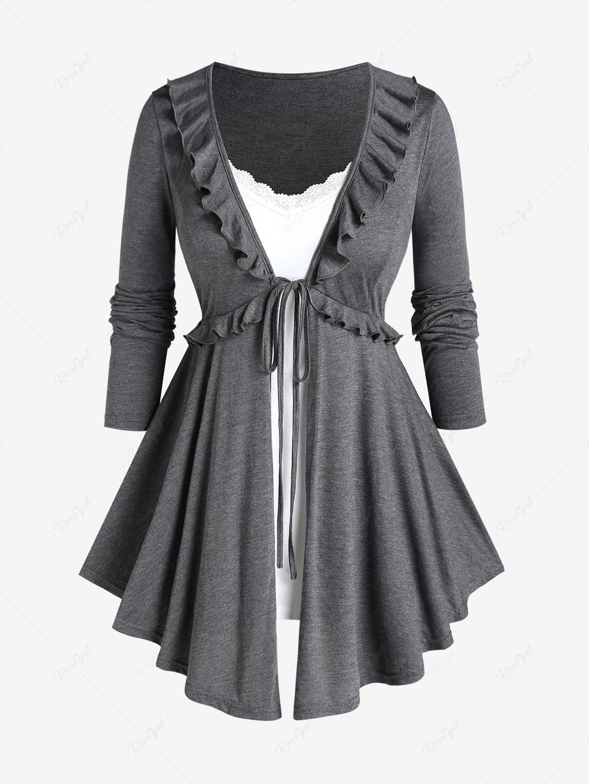 Latest Plus Size Long Sleeves Tie Fly Ruffles Tee and Lace Panel Tank Top Set  