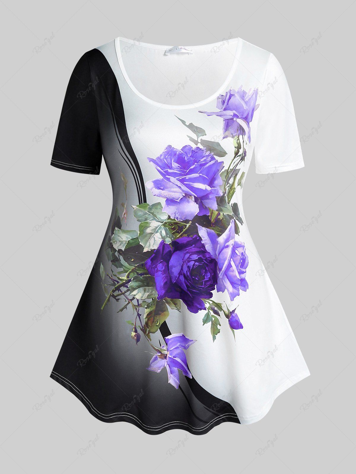 Outfits Plus Size Colorblock Rose Print T-shirt  