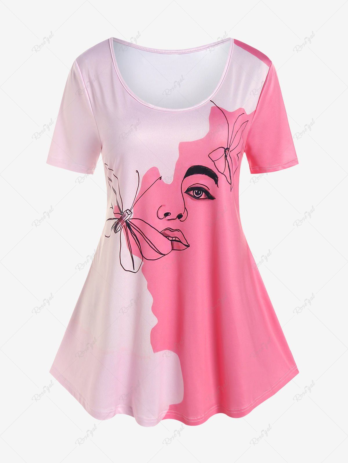 T-shirt à Imprimé Portrait Bicolore de Grande Taille Rose  L | US 12