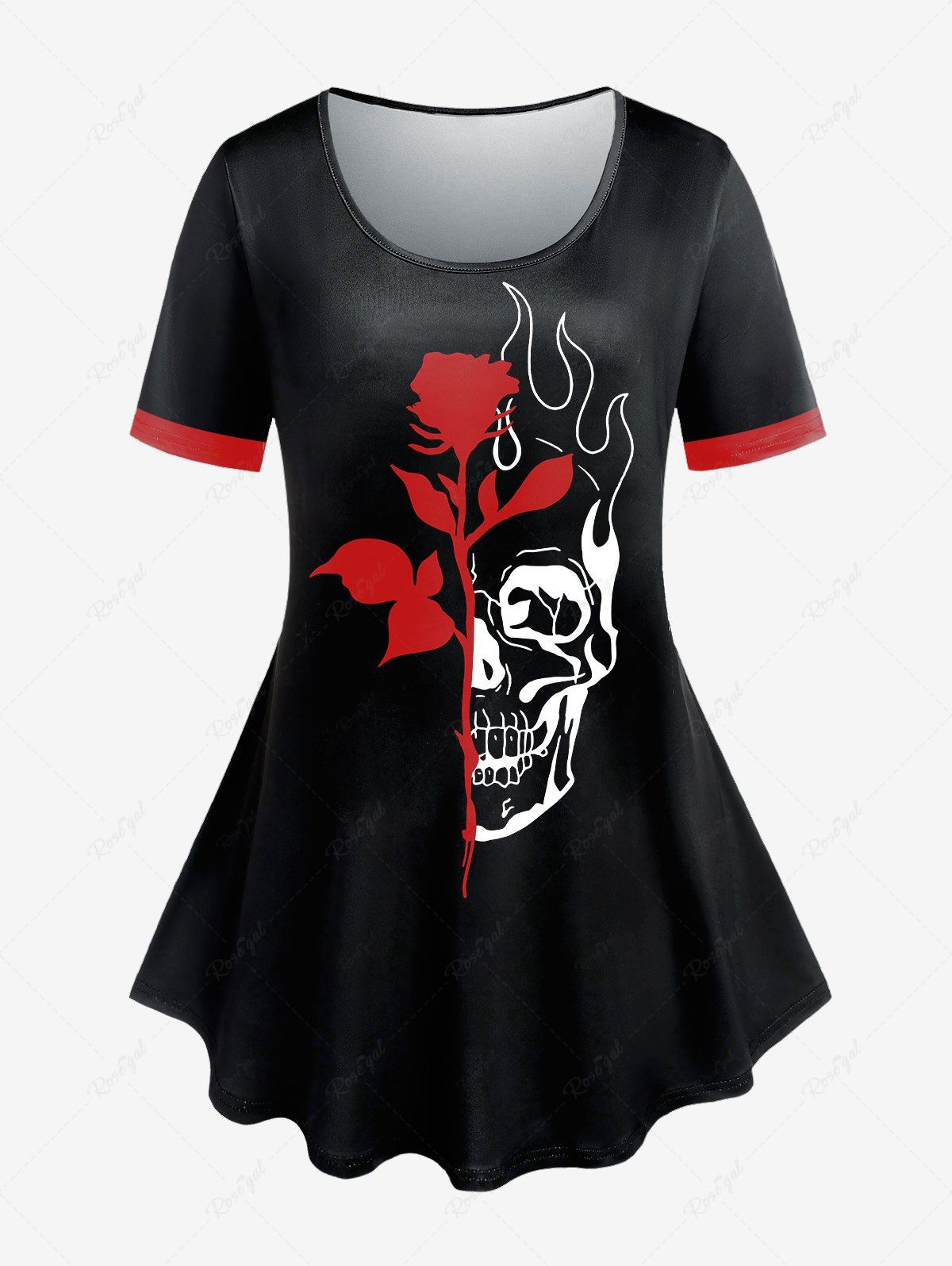 Trendy Plus Size Skull Flower Printed Gothic Short Sleeves Tee  
