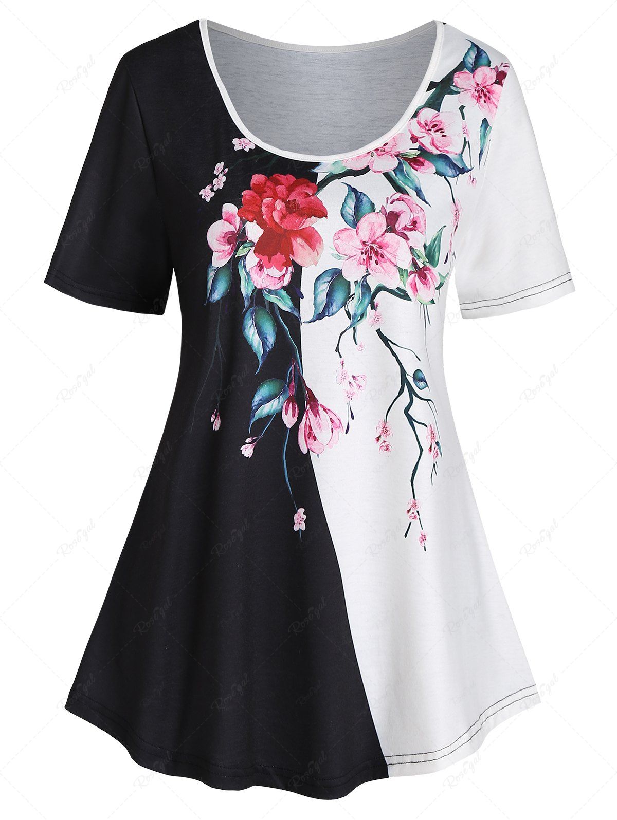 Trendy Flower Print Colorblock Short Sleeve Tee  