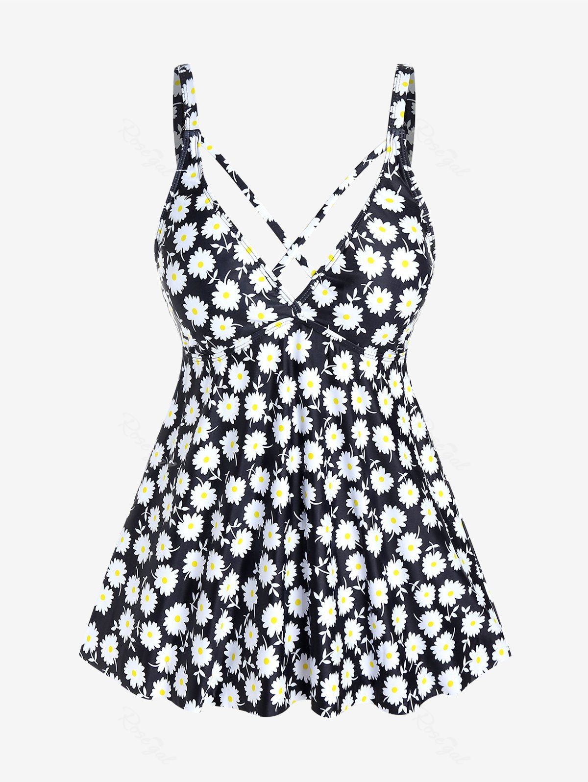 Cheap Plus Size Daisy Printed Crisscross Backless Padded Swim Top  