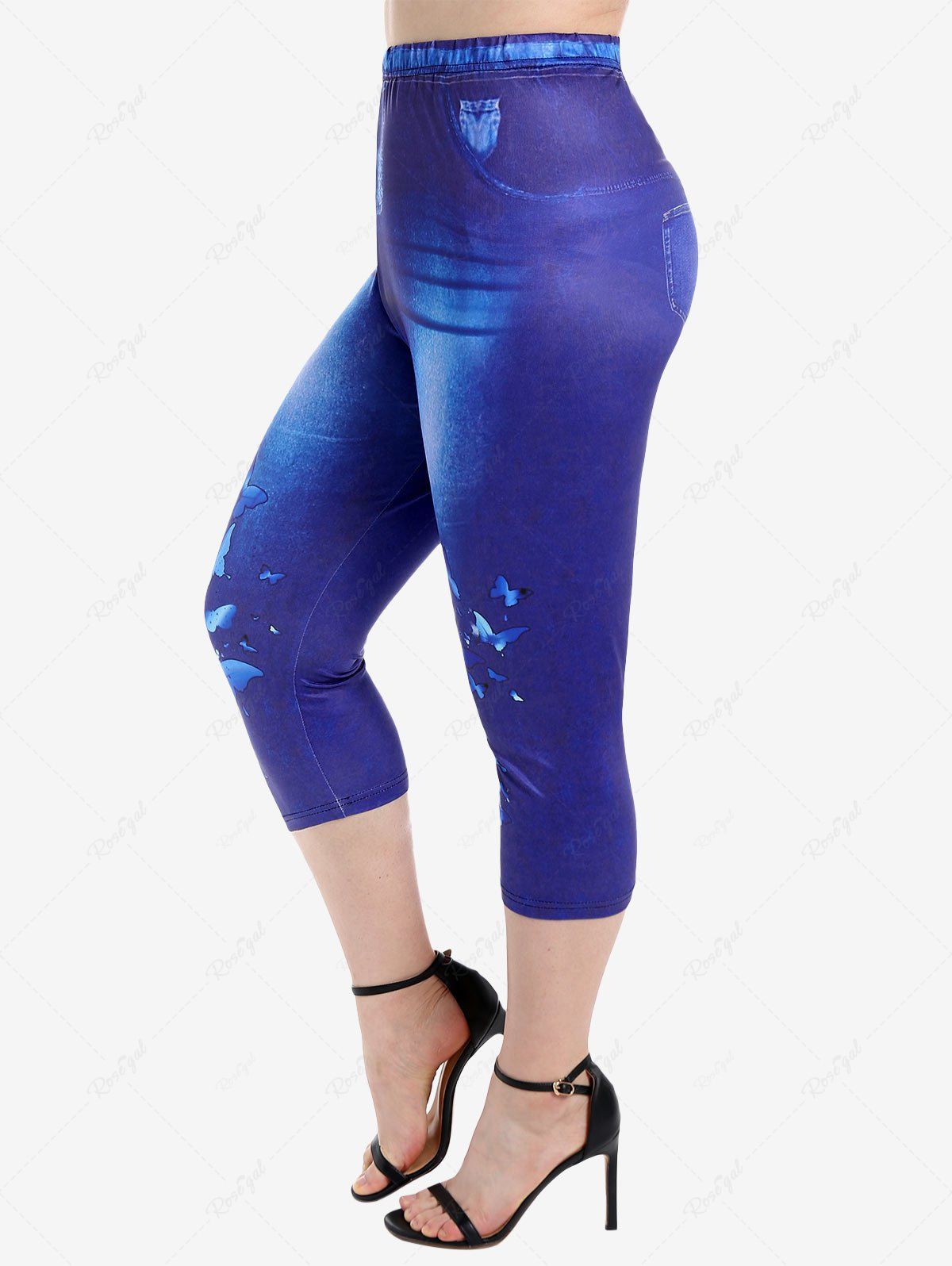 Discount Plus Size 3D Jeans Butterfly Printed Capri Leggings  